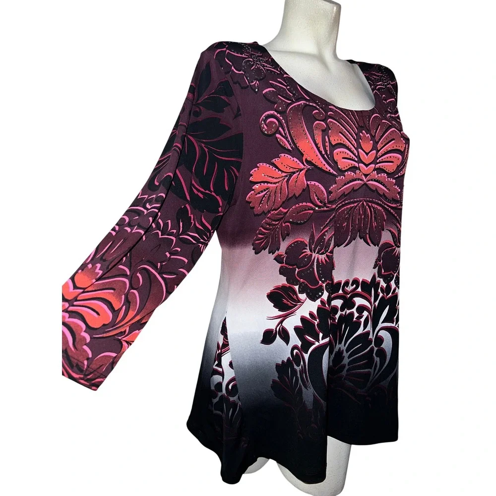 JM Collection Womens XL Floral Ombre Rhinestone Sharkbite Tunic Top Plum Black - Picture 3 of 8